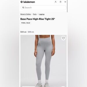 Base Pace High-Rise Tight 25" -Rhino Grey /size 8